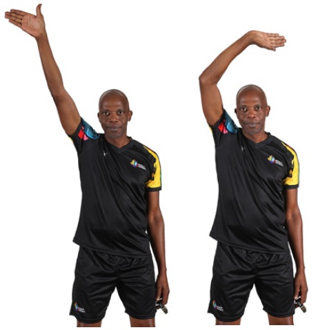 Hand signal 1: Arm held high, angled towards goal end of team with centre pass