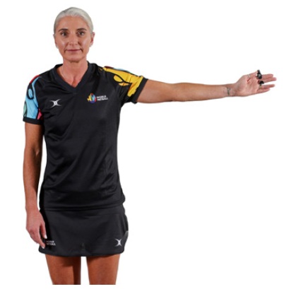 Hand signal 3: Arm outstretched to side pointing to goal end of team with pass