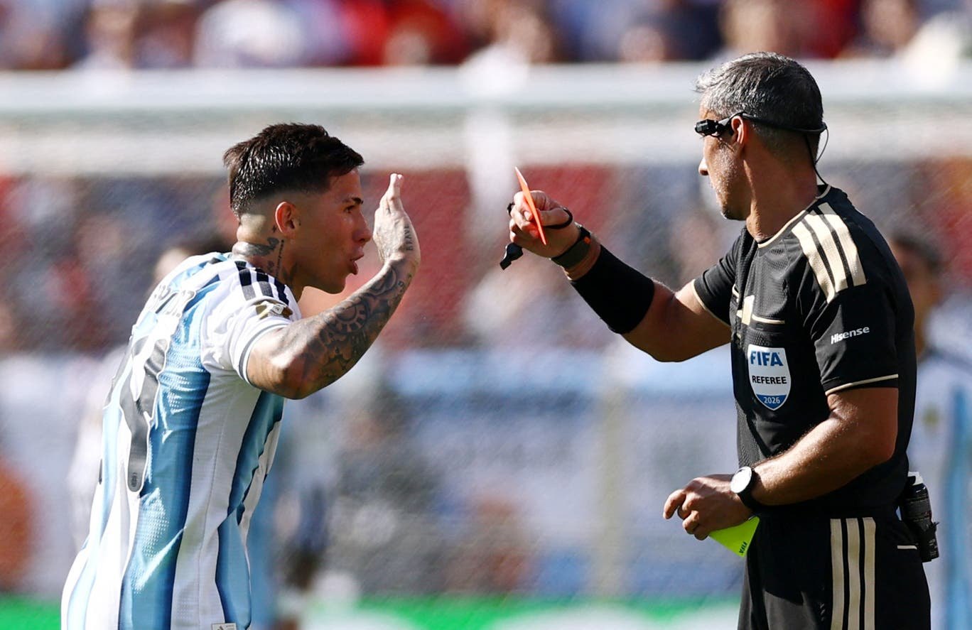 Slavko Vincic shows Enzo Fernandez the red card in the 2026 World Cup final