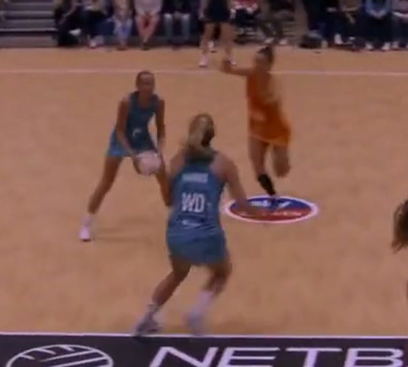 Zoomed view of the same frame, showing the WA's take-off point near the centre circle and the distance to the player with the ball