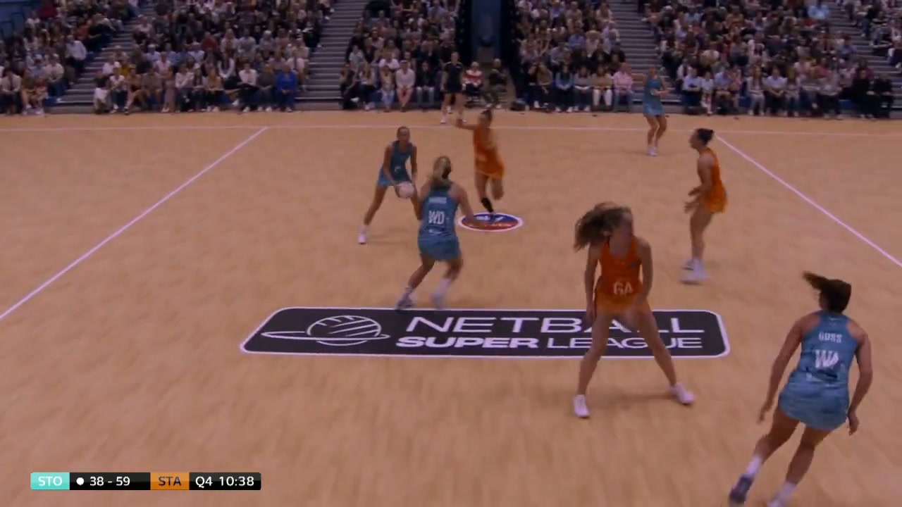 Full frame just after the WA takes off, showing her position relative to the player with the ball
